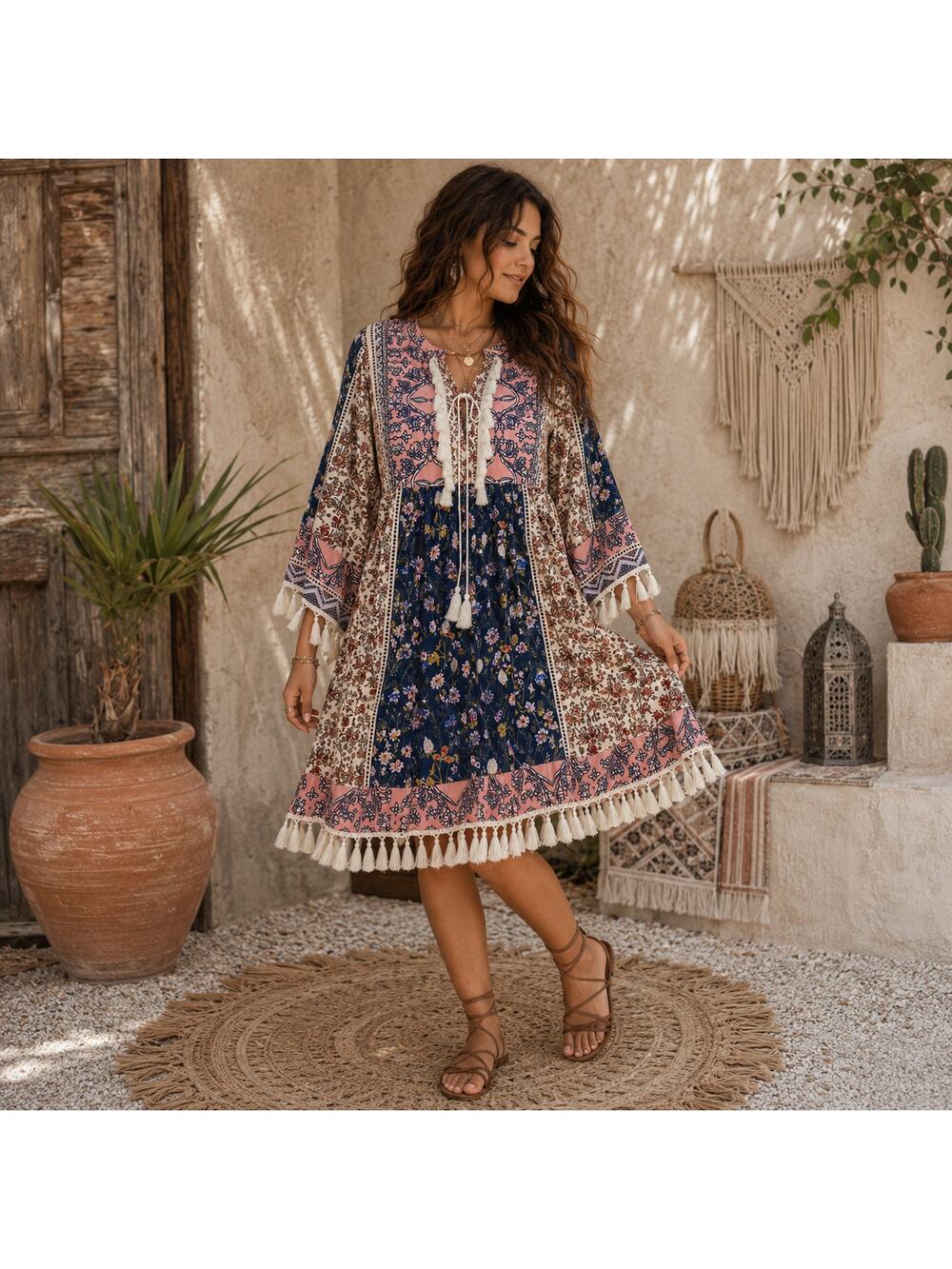 Boho NoraCora Patchwork Dress Sz L Festival Tassel Fringe Cottagecore Peasant